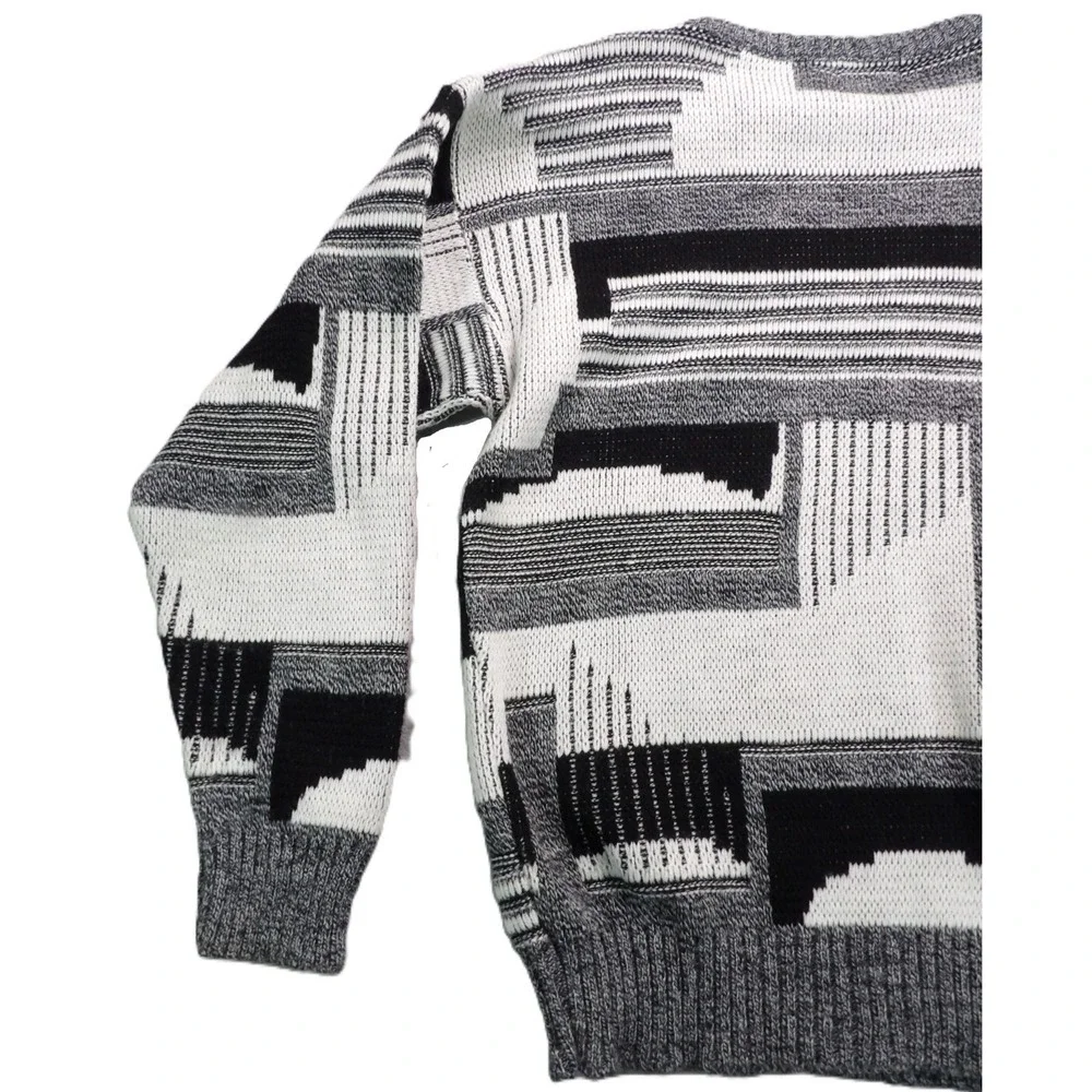 VTG Ashley Knit Sweater Men L Gray Black Abstract Geometric Leather Trim USA 90s